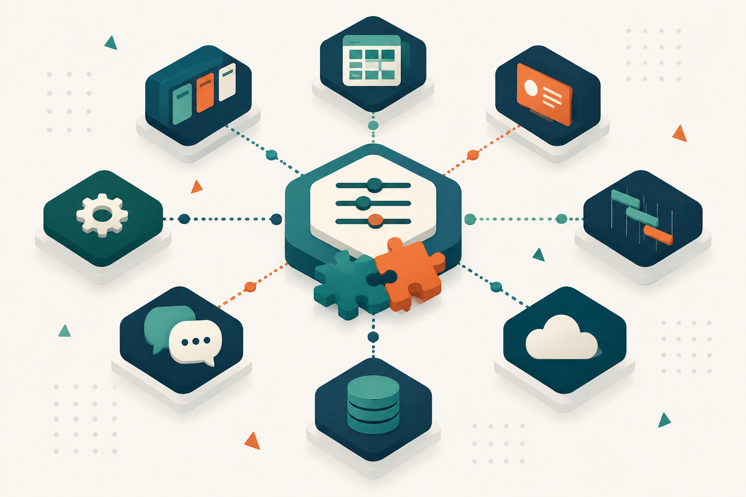 Illustration of a central platform hub connected to spreadsheet, timeline, cloud, database, and messaging application tiles